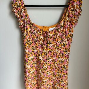 All in Favor Pink and Yellow Ruched Tie Front Blouse